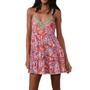 Free People Floral Beaded Tiered Babydoll mini dress - size XS